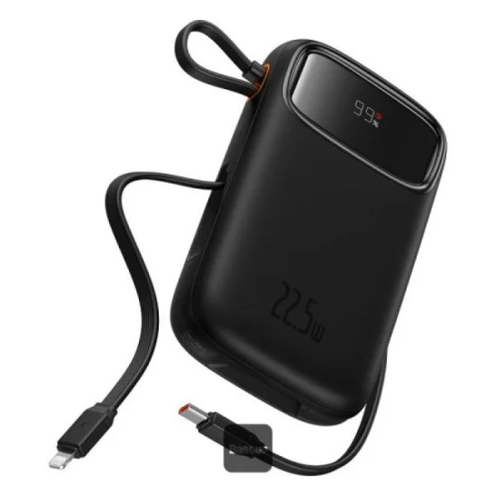 Baseus Qpow2 20000Mah Digital Display Fast Charge Power Bank 22.5W With Built-In Dual-Cable Lightning And Type-C - Black